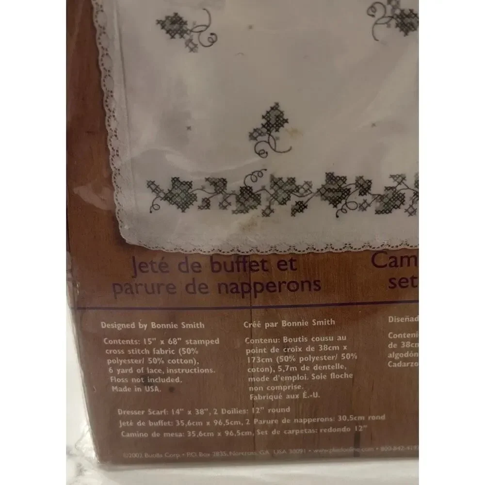 Vtg Bucilla Ivy Dresser Scarf‎ 2 Doily Cross Stitch Lace Set 65392 Stamped NEW